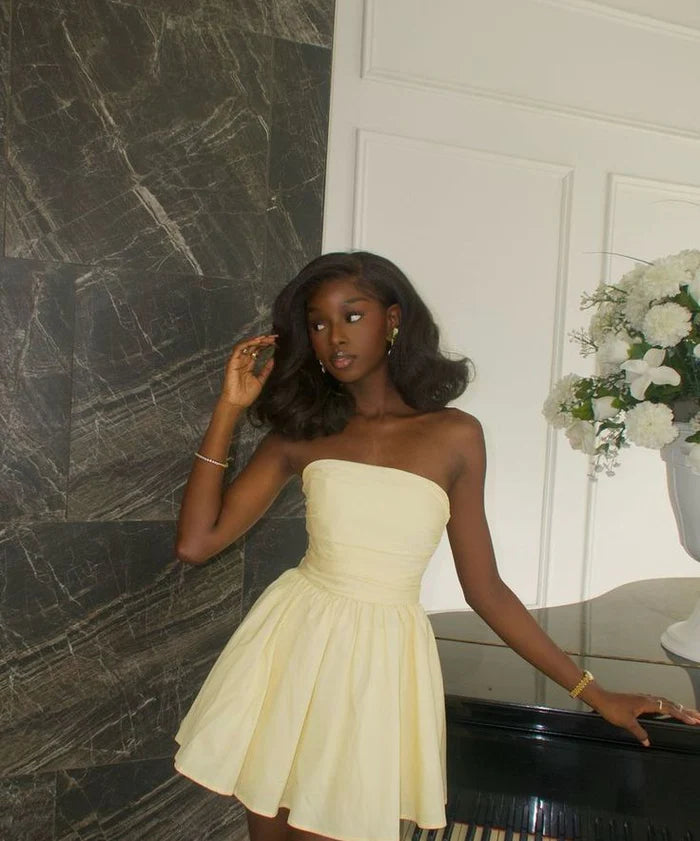 Vintage Faint Yellow Strapless A-Line Homecoming Dress Party Dress Cocktail Dress TP4705