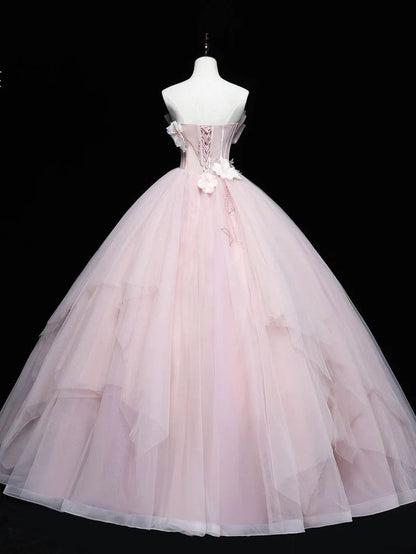 Simple Pink Applique Strapless Sweet 16 Quinceanera A-Line Tulle Floor-length Prom Dress Birthday Dress Evening Dress Ball Gown TP4405
