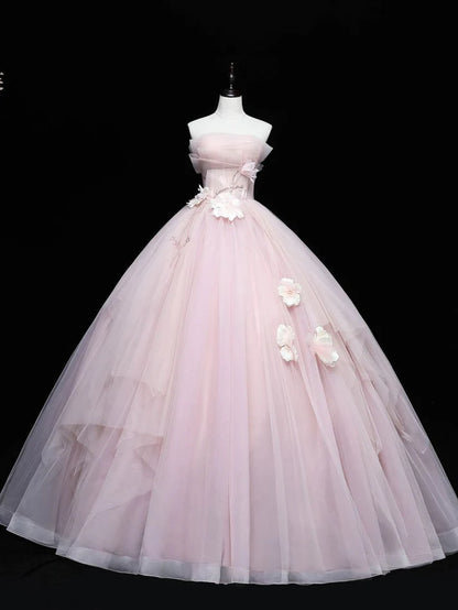 Simple Pink Applique Strapless Sweet 16 Quinceanera A-Line Tulle Floor-length Prom Dress Birthday Dress Evening Dress Ball Gown TP4405