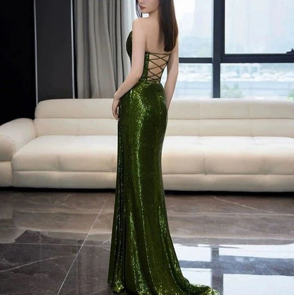 Vintage Dark Green Sheath Sequin Evening Gown Strapless Slit Party Dress Floor Length Formal Dress TP4909