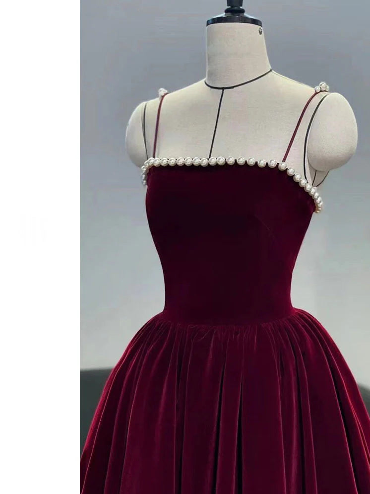 Retro Burgundy Beaded Spaghetti Strap Design A-line Velvet Party Dress Homecoming Dress TP4058
