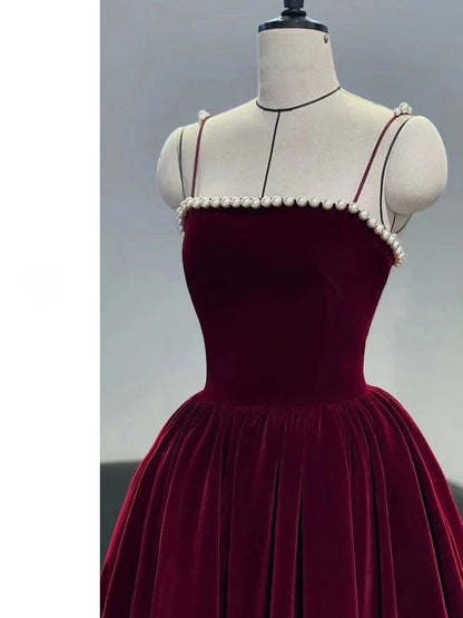 Retro Burgundy Beaded Spaghetti Strap Design A-line Velvet Party Dress Homecoming Dress TP4058