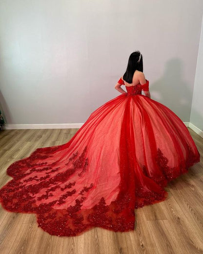 Gorgeous Red Applique Beaded Sweetheart Off-the-shoulder Sweet 16 Quinceanera A-Line Tulle Floor-length Prom Dress Birthday Dress Evening Dress Ball Gown TP4397