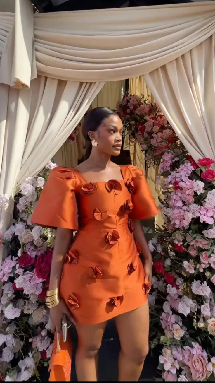 Romantic Orange Satin 3D Floral Puff Sleeve Bodycon Homecoming Dress TP5955