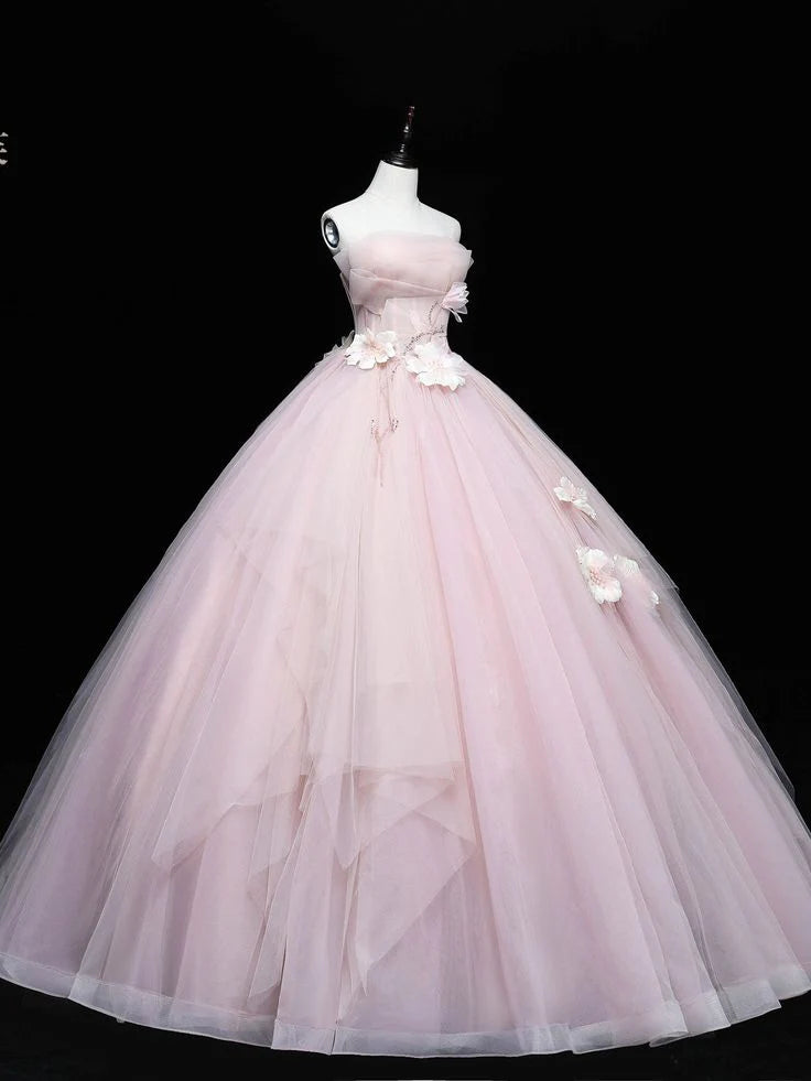 Simple Pink Applique Strapless Sweet 16 Quinceanera A-Line Tulle Floor-length Prom Dress Birthday Dress Evening Dress Ball Gown TP4405
