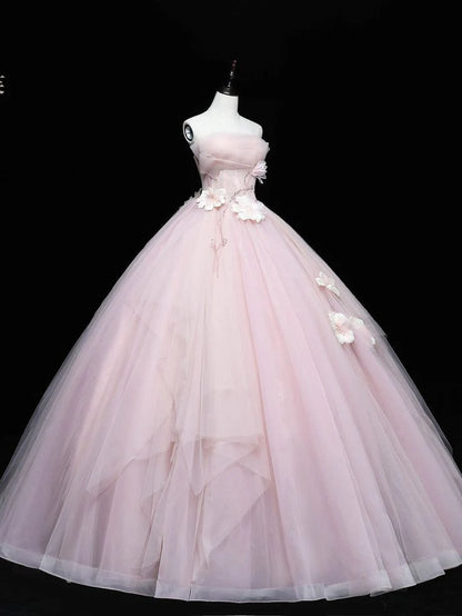 Simple Pink Applique Strapless Sweet 16 Quinceanera A-Line Tulle Floor-length Prom Dress Birthday Dress Evening Dress Ball Gown TP4405