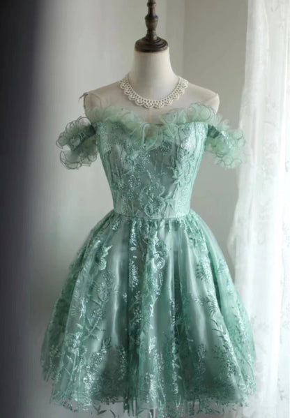 Vintage Green Appliqued Lace-up A-line Off-the-shoulder Party Dresses Homecoming Dresses, TP3803