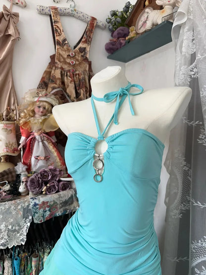 Retro Blue Sweetheart Ruffle Design A-line Chiffon Party Dress Homecoming Dress TP4093
