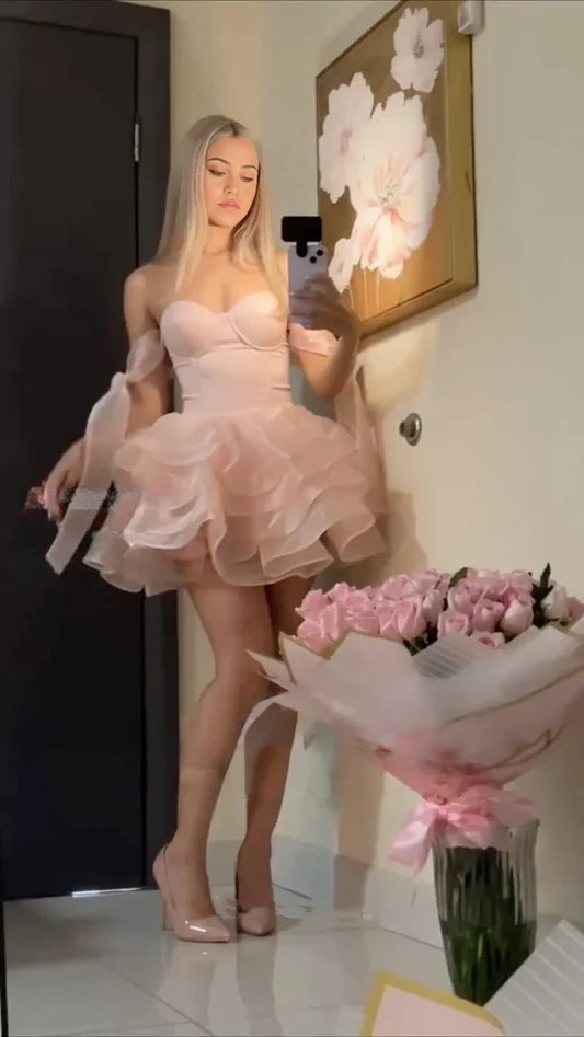Vintage Pink Sweetheart Tulle A-line Strapless Homecoming Dress TP3770