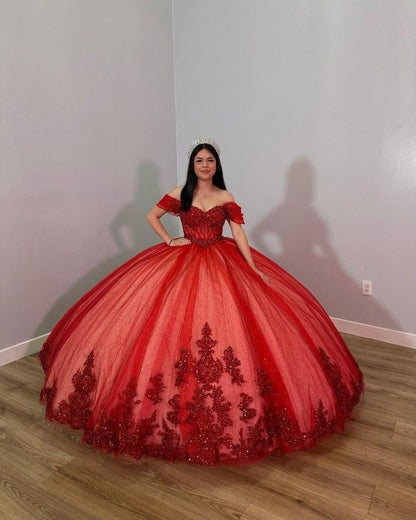 Gorgeous Red Applique Beaded Sweetheart Off-the-shoulder Sweet 16 Quinceanera A-Line Tulle Floor-length Prom Dress Birthday Dress Evening Dress Ball Gown TP4397