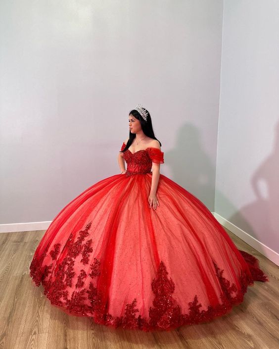 Gorgeous Red Applique Beaded Sweetheart Off-the-shoulder Sweet 16 Quinceanera A-Line Tulle Floor-length Prom Dress Birthday Dress Evening Dress Ball Gown TP4397
