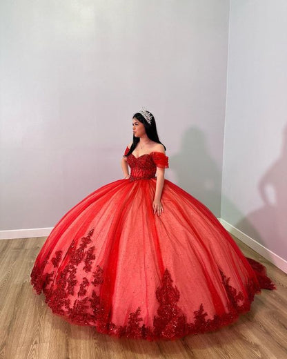Gorgeous Red Applique Beaded Sweetheart Off-the-shoulder Sweet 16 Quinceanera A-Line Tulle Floor-length Prom Dress Birthday Dress Evening Dress Ball Gown TP4397