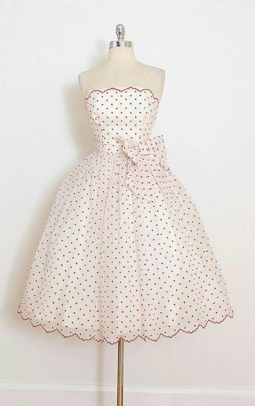 Vintage Red Polka Dot Bowknot Strapless A-Line Homecoming Dress Party Dress Cocktail Dress TP4704