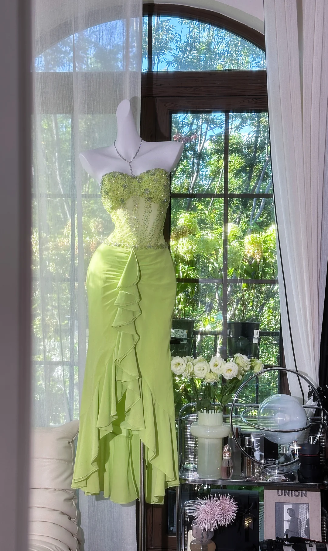 Vintage Lime Green Strapless Sweetheart Mermaid Prom Dress Beaded Ruffle Chiffon Evening Gown with Asymmetrical Hem TP5741