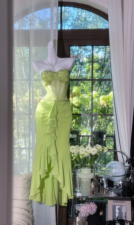 Vintage Lime Green Strapless Sweetheart Mermaid Prom Dress Beaded Ruffle Chiffon Evening Gown with Asymmetrical Hem TP5741