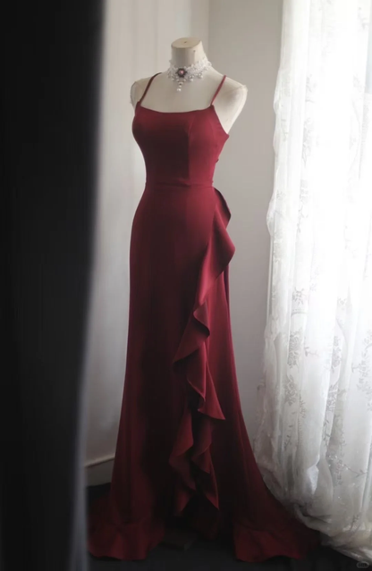 Chic Burgundy Spaghetti Strap Mermaid Gown Cascading Ruffles Prom Dress TP5643