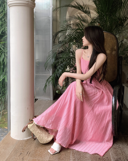 Simple Fashion Rose Pink Backless Loose-fitting Design A-line Spaghetti Strap Dress TP3424