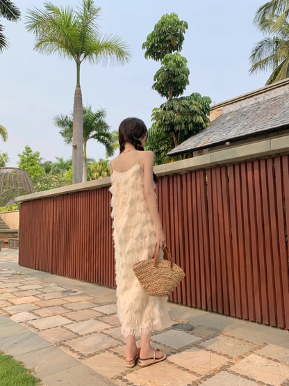 New Fashion Tassels Design Pink Beach Elegant Spaghetti Strap Dress TP2965