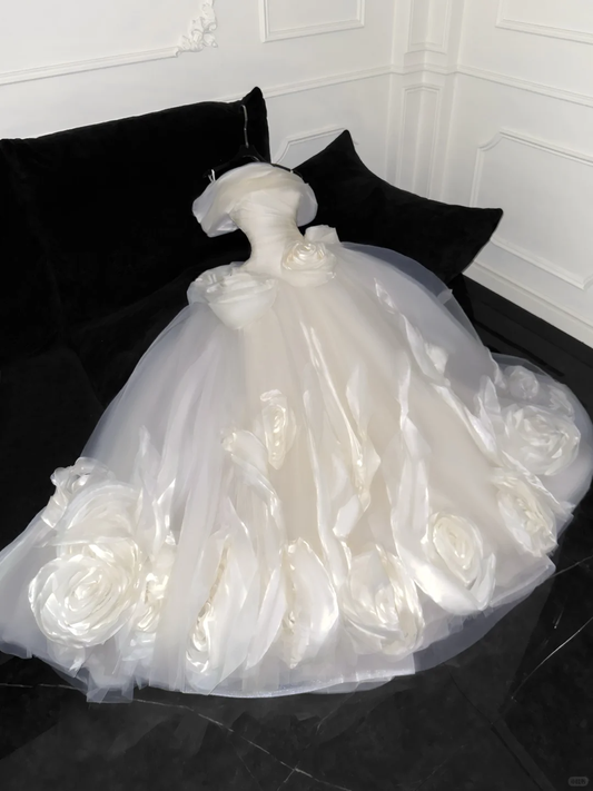Elegant Ivory 3D Flowers Design A-Line Tulle Wedding Dress Prom Dress Evening Dress Ball Gown TP4221