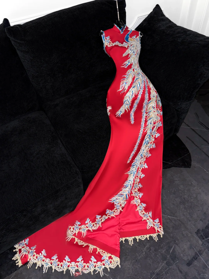 Gorgeous Shiny Red Beaded Sequined Embroidery Design Mermaid Prom Dress Evening Dress TP4215