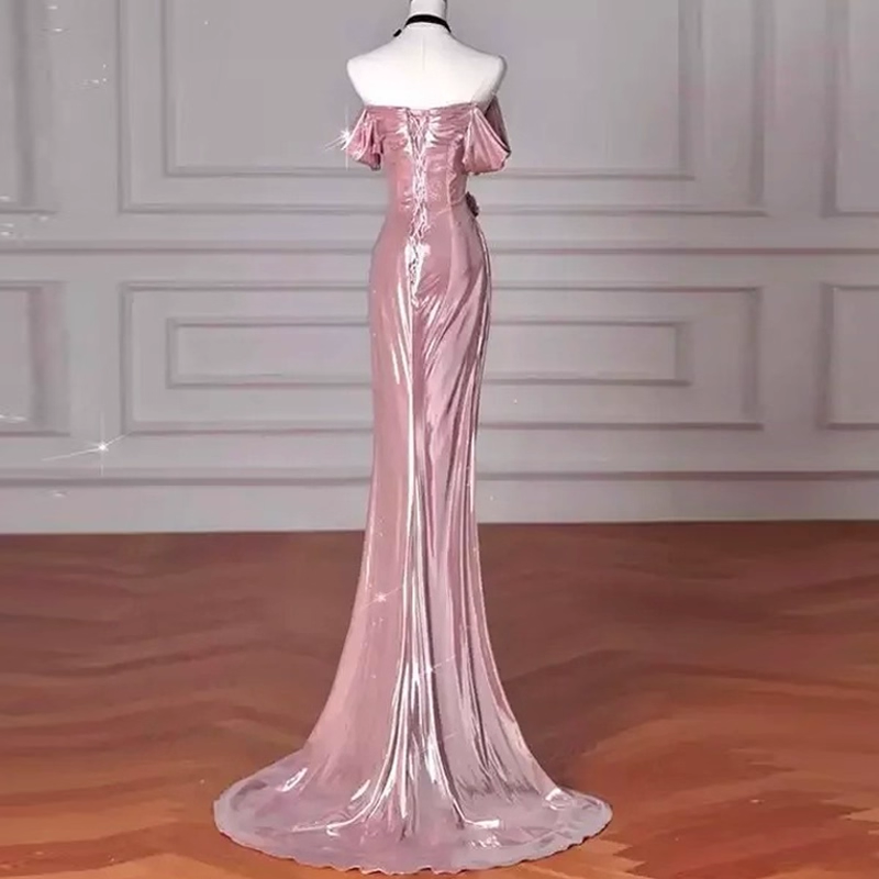 Glamorous Pink Satin Off-Shoulder Mermaid Prom Dress Draped Evening Gown TP5156