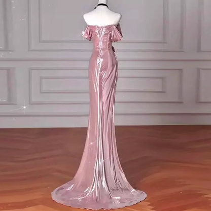 Glamorous Pink Satin Off-Shoulder Mermaid Prom Dress Draped Evening Gown TP5156