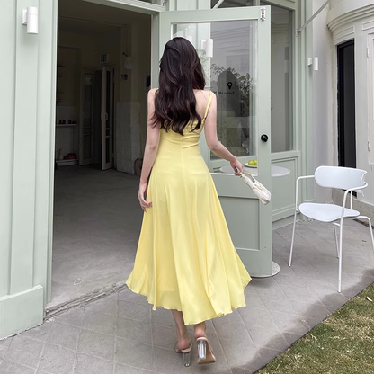 Women New Simple Fashion Yellow High-waist Spaghetti Strap Dress TP2889