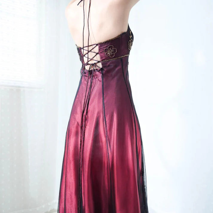 Vintage Fuchsia Chiffon Halter-neck A-Line Prom Dress Party Dress Evening Dress TP4550