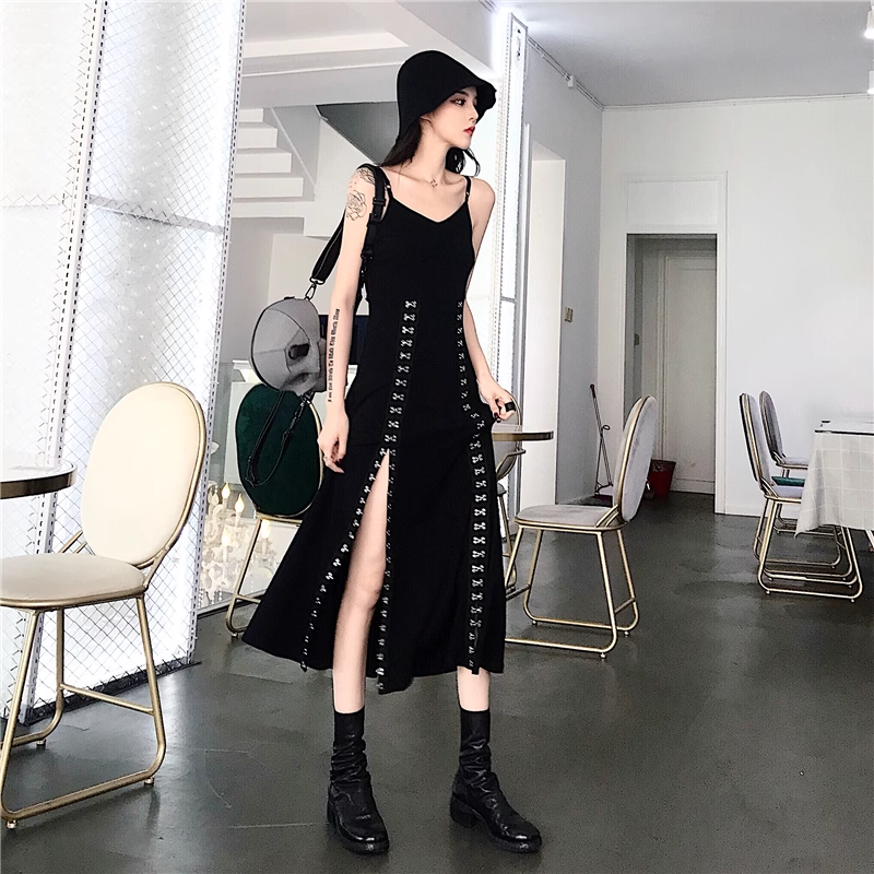 Vintage Hooded Strappy Top Design A-line Sleeveless Spaghetti Strap Split Dress TP3284