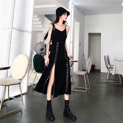 Vintage Hooded Strappy Top Design A-line Sleeveless Spaghetti Strap Split Dress TP3284