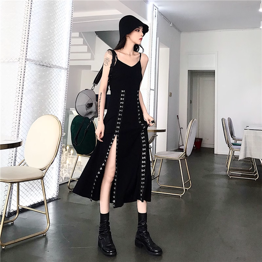 Vintage Hooded Strappy Top Design A-line Sleeveless Spaghetti Strap Split Dress TP3284