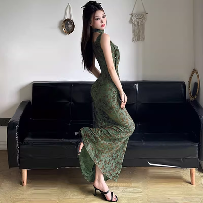 Vintage Green Floral V-neck Mermaid Summer Dresses Prom Dress Evening Dress TP4340