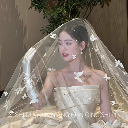 Vintage Elegant White Butterfly Pearl Design Style Long Wedding Veil TP3163