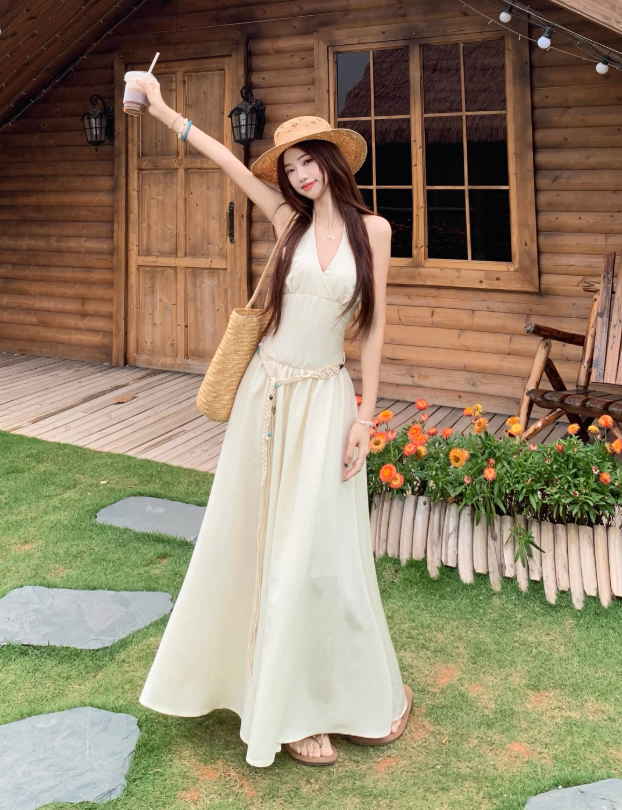 Simple Fashion Beige V-neck Design Beach Holiday A-line with Belt Halter Dress TP3371