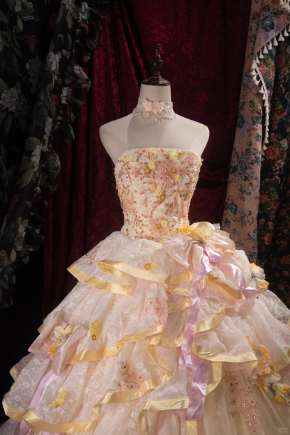Vintage-Inspired Cream & Pink Tiered Strapless Beaded Floral Appliqués Ball Gown TP5796