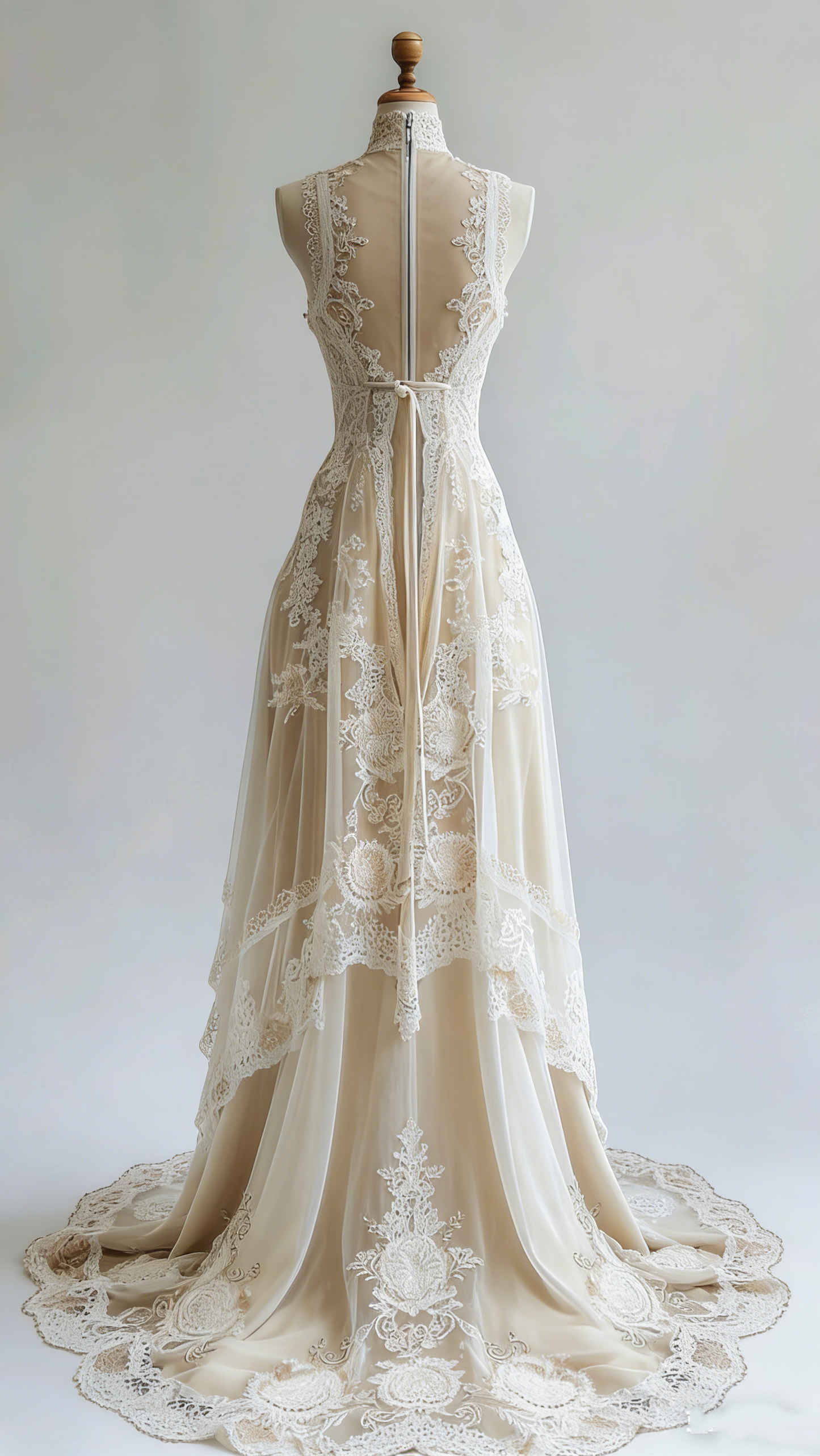 Vintage Ivory Round Neck Lace Sleeveless High-Low Train Wedding Dress TP2006