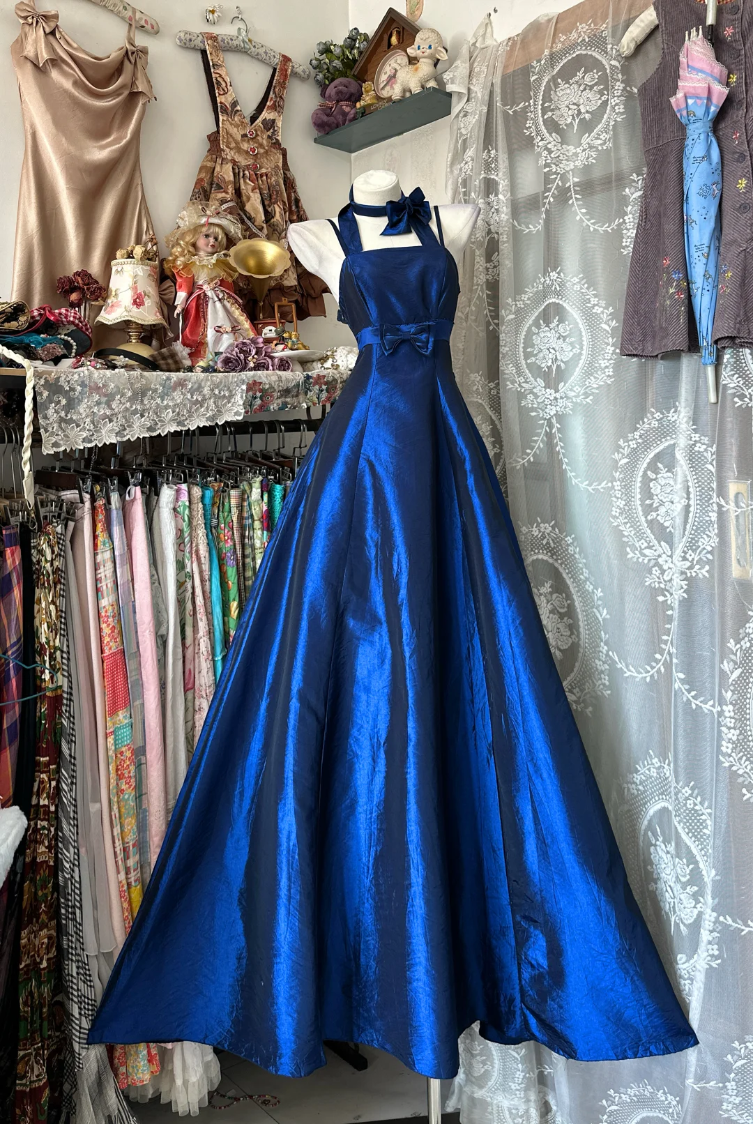 Vintage Royal Blue Satin Evening Gown A-Line Spaghetti Strap Party Dress Long Formal Dress TP4899