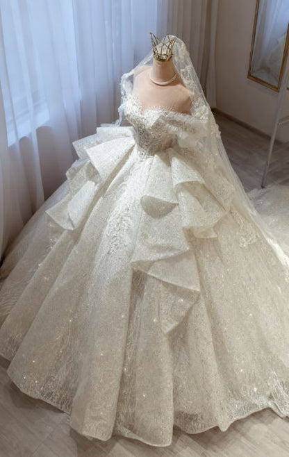 Elegant Off-the-Shoulder Puff Sleeve Sparkling Sequin Lace Ruffled Layered A-Line Wedding Dress TP5956