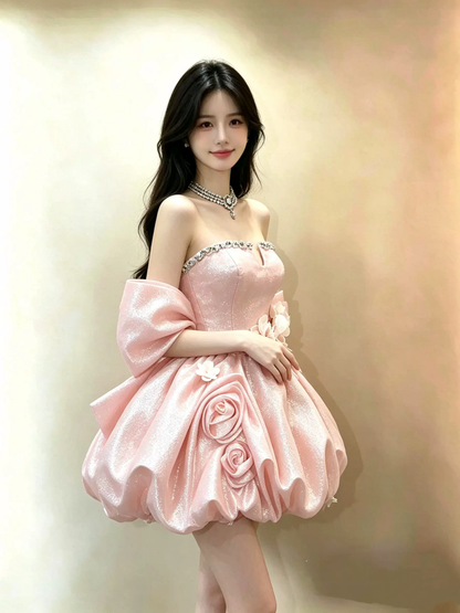 Vintage Pink Glitter Strapless 3D Floral Big Bow Beaded A-Line Homecoming Dress TP6136