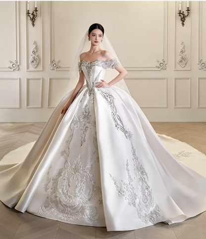 Elegant Off‑the‑Shoulder Satin Silver Beaded Lace Appliques Cathedral Train A-Line Wedding Dress TP6132
