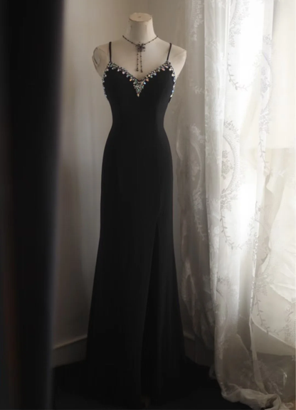 Vintage Black Mermaid Spaghetti Strap Evening Gown Beaded Sweetheart Prom Dress TP5646