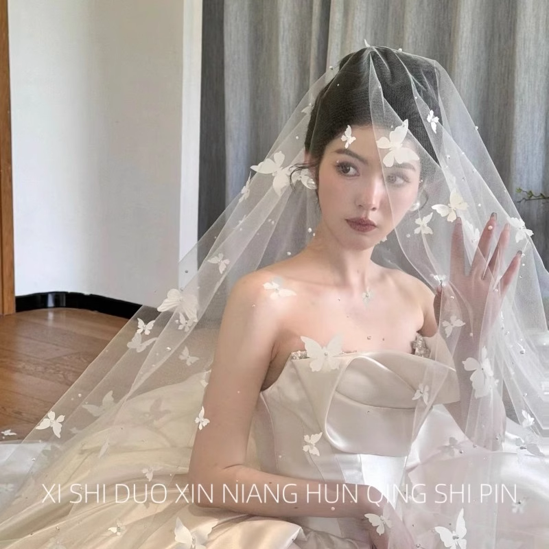 Vintage Elegant White Butterfly Pearl Design Style Long Wedding Veil TP3163