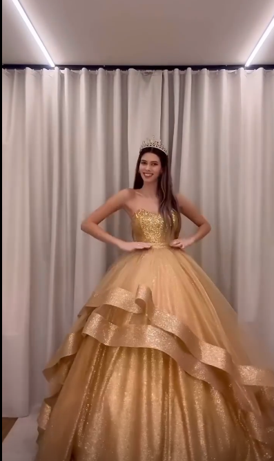 Elegant Gold Sequins Glittering Tulle Convertible Dress Strapless Quinceanera Ball Gown TP5254