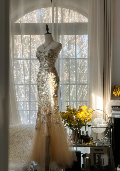 Elegant Mermaid Golden Sparkling Strapless Elegant Beaded Chiffon Evening Dress Prom Dress TP3975