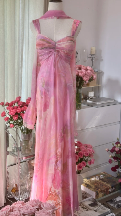 Retro Pink Sweetheart Floral Elegant Design A-line Romantic Chiffon Evening Dress Prom Dress TP4003