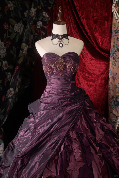 Glamorous Purple Sweetheart Strapless Satin Beaded Ruffled Sweet 15 Quinceanera Ball Gown TP5433