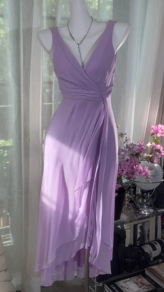 Vintage-Inspired Lilac V-neck Prom Dress Sheath Chiffon Evening Gown TP5138