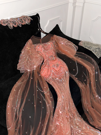 Gorgeous Shiny Orange Beaded Sequined Design Mermaid Prom Dress Evening Dress TP4216