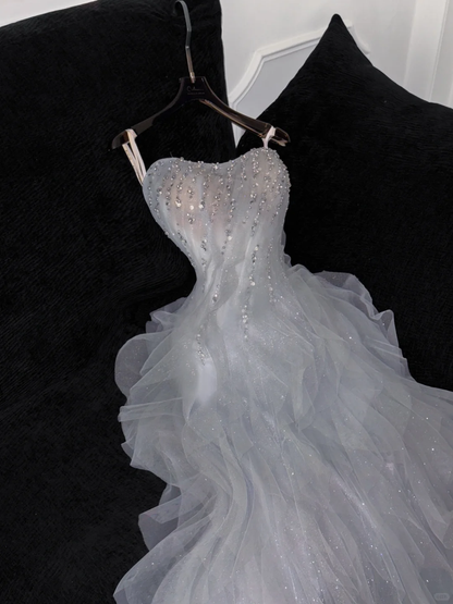 Fashion Sparkling White Beaded Sequin Mermaid Elegant Tulle Evening Dress Prom Dresses TP4158