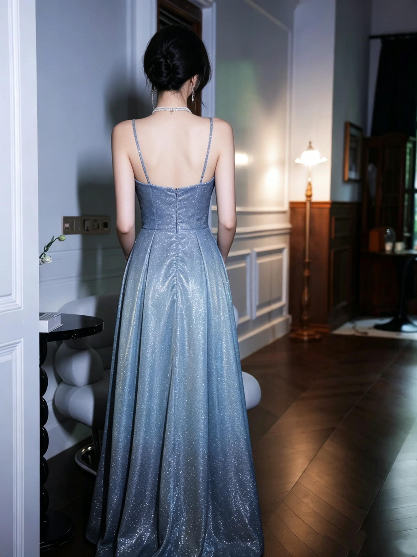 Glamorous Glitter Blue Spaghetti Strap Bow Sweetheart Neck A-Line Long Evening Gown TP5868